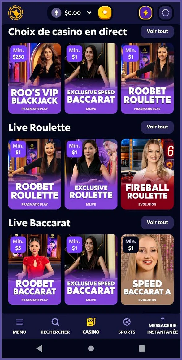 Tous les jeux de tables live Roobet – Blackjack, roulette et plus encore